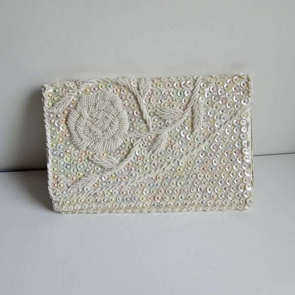 La Regale Clutch Chain Handbag Vintage White Cream Sequin - Picture 2 of 9